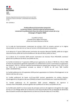 Arrêté préfectoral d'autorisation temporaire concernant les prélèvements d_eau de surface du bassin versant de la Lys campagne d'irrigation 2026