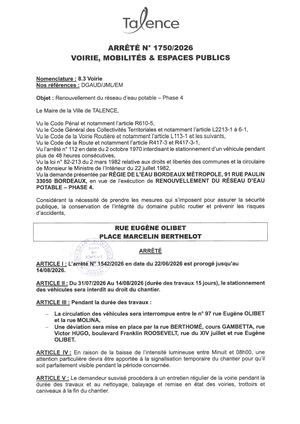 Arrete 1750-2026-Renouvellement Reseau Eau Potable-Phase 4-Rue Olibet Et Place Marcelin Berthelot Du 31-07 Au 14-08-2026-Publié Le 30 07 2026