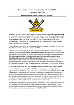 Communiqué Aux Parlementaires Et Partis Politiques La Colere Des Sans Trains 11 Juillet 2026