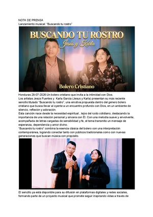 Nota De Prensa Buscando Tu Rostro, Bolero Cristiano, Jesus Y Karla (3)