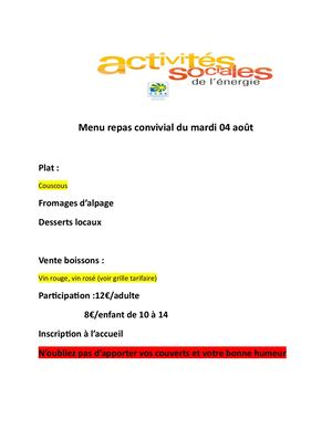 Menu Repas Festif Du Mardi 04 Aout