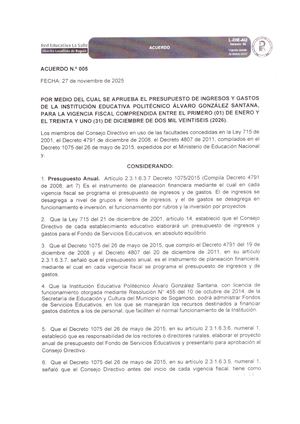 Acuerdo 005 Aprobación Presupuesto Ie 2026