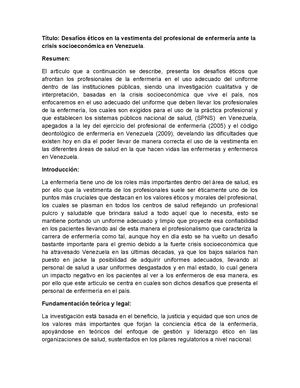 Articulo Desafios Eticos Del Profesional De Enfermeria