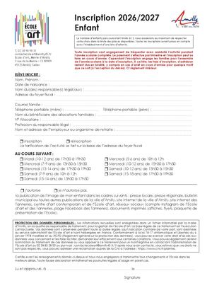 Fiche Inscription Enfant 2026 2027