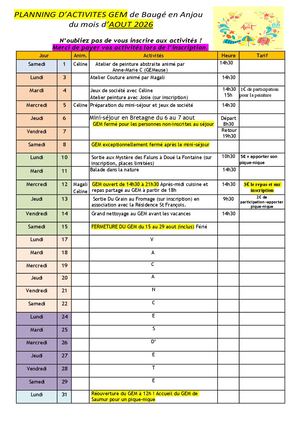 Planning Activités Gem Du Coeur Aout