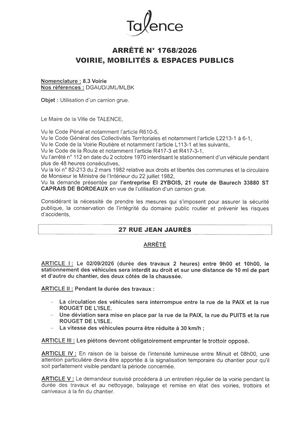 ARRETE 1768 2026 -UTILISATION CAMION GRUE 27 RUE JEAN JAURES LE 02 09 2026  -publié Le 31 07 2026