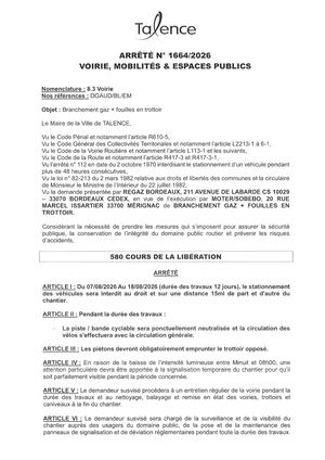 ARRETE 1664 2026 - BRANCHEMENT GAZ + FOUILLE - 580 CRS DE LA LIBERATION DU 7 AU 18 08 2026 -publié Le 31 07 2026