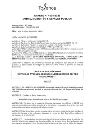 ARRETE 1691 2026 - MISE EN PLACE MOBILIER URBAIN COURS DE LA LIBERATION DU 10 AU 28 08 2026 -publié Le 31 07 2026