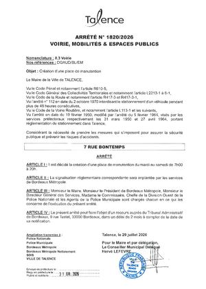 ARRETE 1820 2026 - CREATION PLACE MANUTENTION 7 RUE BONTEMPS -publié Le 31 07 2026