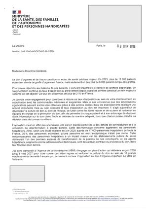 Courrier Ministre De La Santé Lutte Contre Les Taux D'opposition Anonymisé 09 06 2026