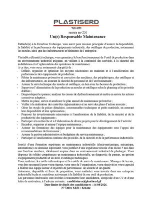 Appel à Candidatures Responsable Maintenance Plastiserd