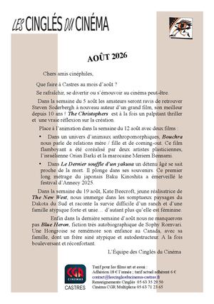 Août 2026 bulletin des Cinglés du Cinéma