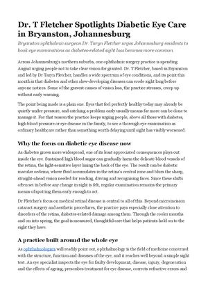 Dr. T Fletcher Spotlights Diabetic Eye Care in Bryanston, Johannesburg