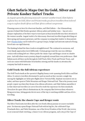 Glatt Safaris Maps Out Its Gold, Silver and Private Kosher Safari Tracks
