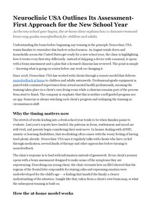Neuroclinic USA Outlines Its Assessment-First Approach for the New School Year