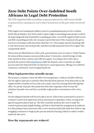 Zero Debt Points Over-Indebted South Africans to Legal Debt Protection