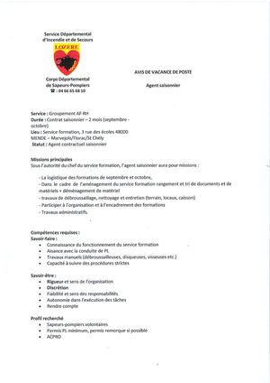 Poste saisonnier à pourvoir : Agent Saisonnier Service Formation