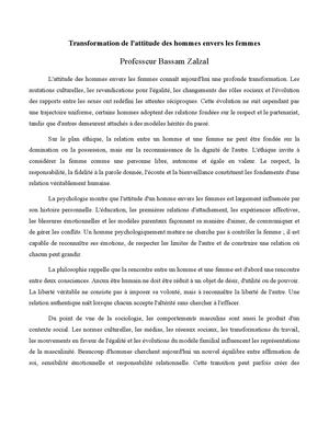 Transformation De L'attitude Des Hommes Envers Les Femmes