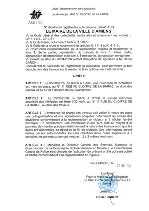26 AT 1191 Reglementation Du Stationnement Rue Du Cloitre De La Barge Le 05 08 2026 De 9h 12h- Publiée Le 03 08 2026