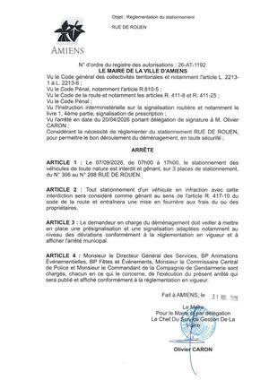 26 AT 1192 Reglementation Du Stationnement Rue De Rouen Le 07 08 2026- Publiée Le 03 08 2026
