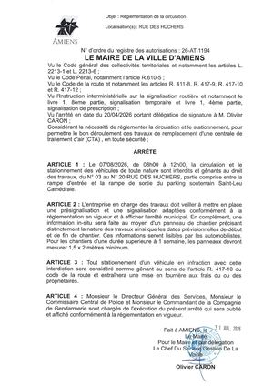 26 AT 1194 Reglementation De La Circulation Rue Des Huchers Le 07 08 2026 De 8h 12h - Publiée Le 03 08 2026