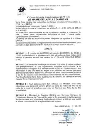 26 AT 1195 Reglementation Du Stationnement Et De La Circulation Rue Emile Zola Du 24 08 2026 Au 26 08 2026- Publiée Le 03 08 2026