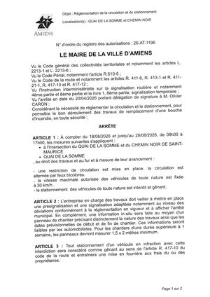 26 AT 1196 Reglementation Du Stationnement Et De La Circulation Quai De La Somme Et Chemin Noir Du 18 08 2026 Au 28 08 2026- Publiée Le 03 08 2026