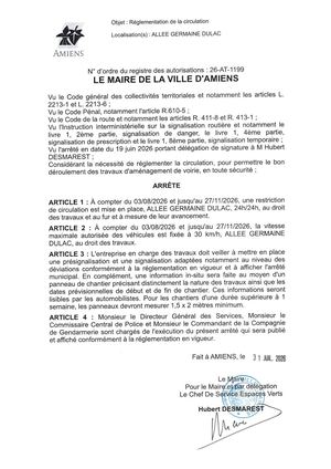 26 AT 1199 Reglementation  De La Circulation Allée Germaine Dulac Du 03 08 2026 Au 27 11 2026. Publiée Le 03 08 2026