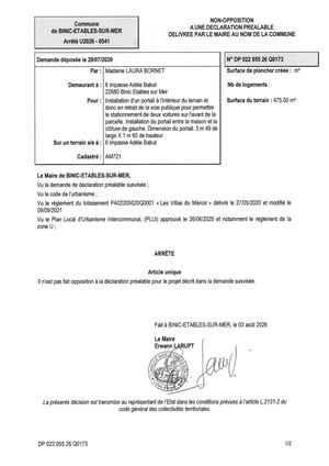 DP 26 Q 0173 - Arrêté