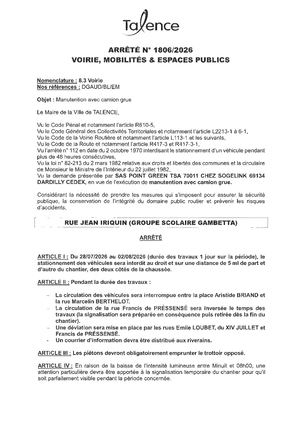 Arrete 1806 2026- Manutention Camion Grue Rue Jean Iriquin Du 28 07 Au 02 082026 Publié Le 3 08 2026