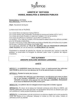 Arrete 1837 2026 Ravalement De Facade Rue Slitinsky (Ecole Lasserre) Le 4 08 2026 Publié Le 3 08 2026