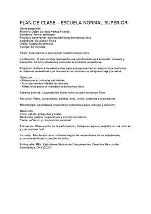 Plan De Clase Aprovechamiento Del Tiempo Libre