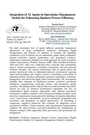 Britchenko Igor (2026). Integration of AI Agents in Operations Management: Models for Enhancing Business Process Efficiency/Kęsy Marcin, Britchenko Igor//International Journal of Operations and Quantitative Management, Volume 32, Number 1, March, 2026, pp