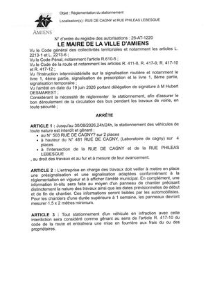 26 AT 1220 Reglementation Du Stationnement Rue De Cagny Et Rue Phileas Lebesgue Jusqu'au 30 08 2026 - Publiée Le 04 08 2026