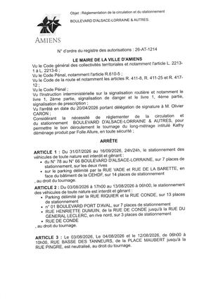 26 AT 1214 Reglemenation De La Circulation Et Du Stationnement Boulevard D'Alsace Lorraine & Autres Le 31 07 2026 Au 16 09 2026 - Publiée Le 04 08 2026