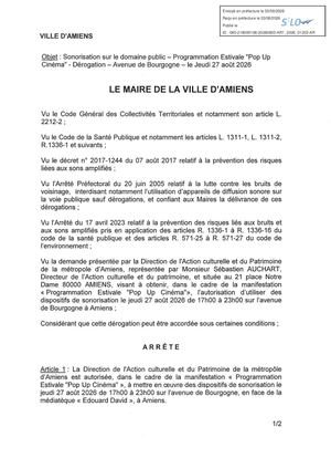 AR1 2026 01203 - ARR AUTORISATION SONO VIA AR1 2026 01203 20260803 Publiée Le 04 08 2026