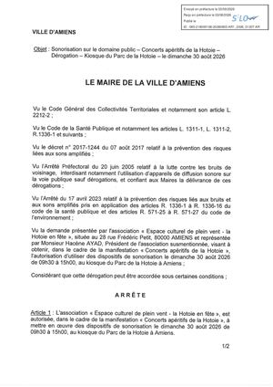 AR1 2026 01207 - ARR AUTORISATION SONO VIA AR1 2026 01207 20260803 Publiée Le 04 08 2026