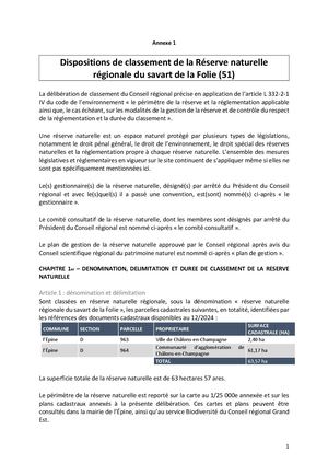 Dispositions de classement de la Réserve naturelle  régionale du savart de la Folie