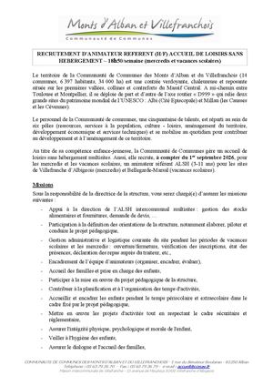 Offre Emploi Animateur Référent Alsh