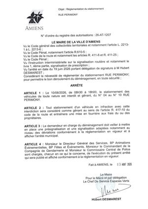 26 AT 1207  Reglementation Du Stationnement Rue Perimony Le 10 08 2026 - Publiée Le 04 08 2026