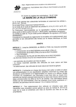 26 AT 1206  Reglementation Du Stationnement Et De La Circulation Rue Derain Rue Utrillo & Autres Jusqu'au 28 08 2026  - Publiée Le 04 08 2026