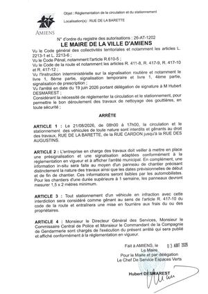 26 AT 1202  Reglementation Du Stationnement Et De La Circulation Rue De La Barette Le 21 08 2026 - Publiée Le 04 08 2026