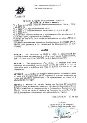 26 AT 1201  Reglementation Du Stationnement Chaussée Saint Pierre Le 10 08 2026 De 7h à 14h- Publiée Le 04 08 2026