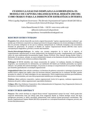 CUANDO LA LEALTAD DESPLAZA LA GOBERNANZA: EL MODELO DE CAPTURA ORGANIZACIONAL BERAÚN (MCOB) COMO MARCO PARA LA DISRUPCIÓN ESTRATÉGICA INTERNA