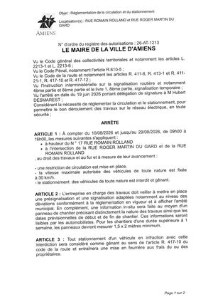 26 AT 1213 Reglementation Du Stationnement De La Circulation Rue Romain Rolland Et Rue Roger Martin Du Gard Du 10 08 2026 Au 29 08 2026 - Publiée Le 05 08 2026