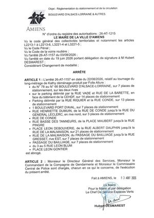 26 AT 1215 Reglementation Du Stationnement Et De La Circulation Boulevard D'Alsace Lorraine & Autres - Arrêté 26 AT 1157 Est Abrogé  - Publiée Le 05 08 2026