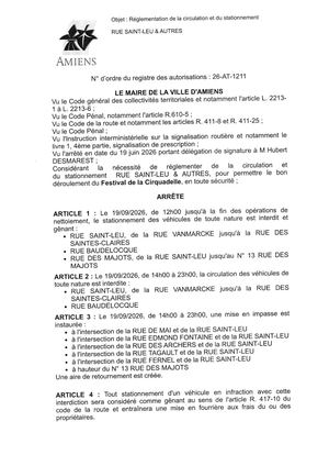 26 AT 1211 Reglementation Du Stationnement Et De La Circulation  Rue Saint Leu & Autres Le 19 09 2026   - Publiée Le 05 08 2026
