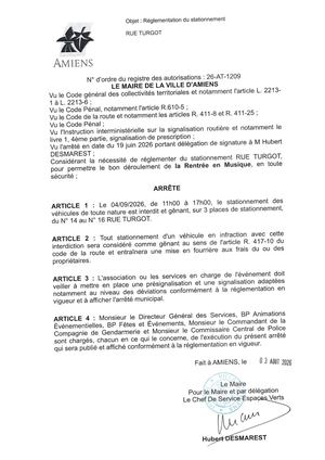 26 AT 1209 Reglementation Du Stationnement Rue Turgot Le 04 09 2026   - Publiée Le 05 08 2026