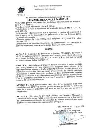 26 AT 1217 Reglementation Du Stationnement Cite Roger Du 21 08 2026 Au 30 08 2026 - Publiée Le 05 08 2026