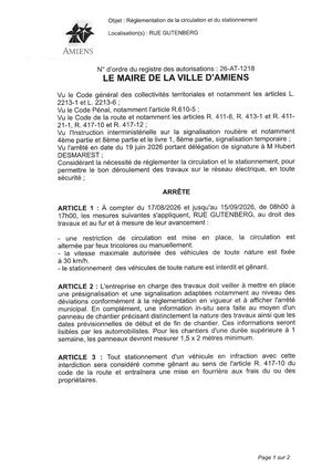 26 AT 1218 Reglementation Du Stationnement Et De La Circulation Rue Gutenberg Du 17 08 2026 Au 15 09 2026 - Publiée Le 05 08 2026